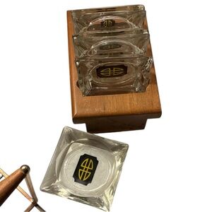 Glass Ashtrays/Coasters Set/6 in Walnut Holder Mid-century modern glass  GUC